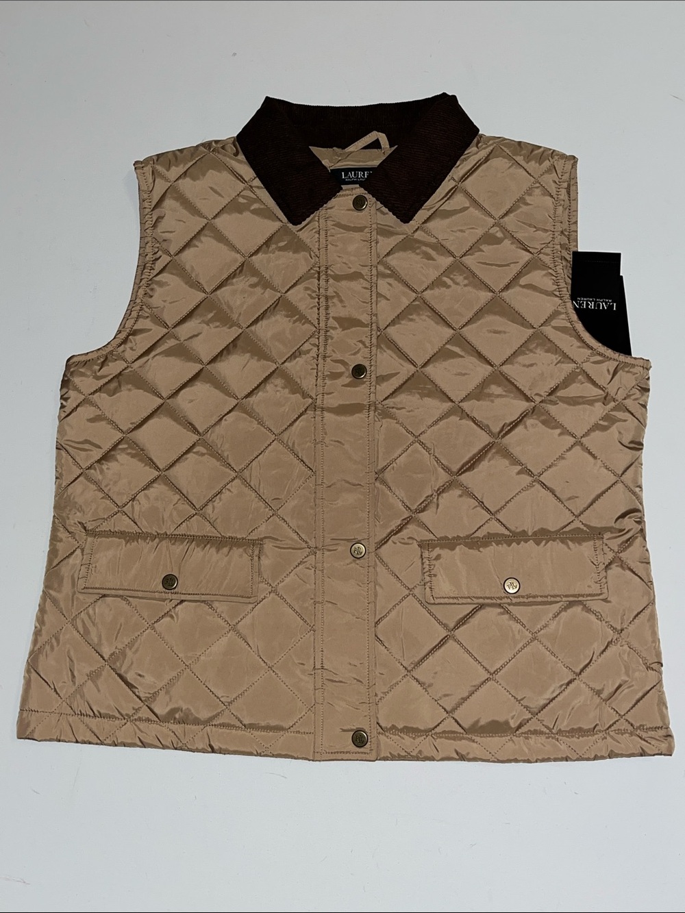 Ralph Lauren Quilted Vest Womens L Classic Camel Zip Button Pockets 573803 $160